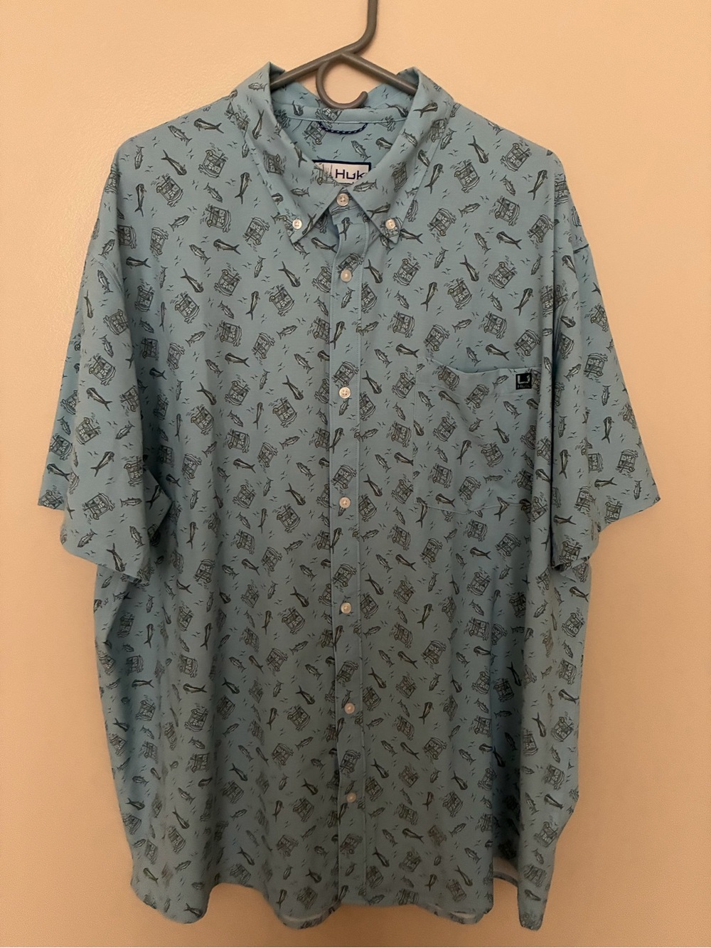 Huk Light Blue Short-Sleeve Button-Down Shirt with Nautical Print
